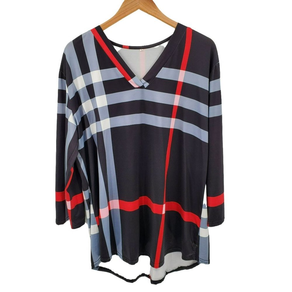 Womens Black Red Plaid Print T-Shirt Blouse Sz L 3/4 Sleeve Deep V-Neck Loose